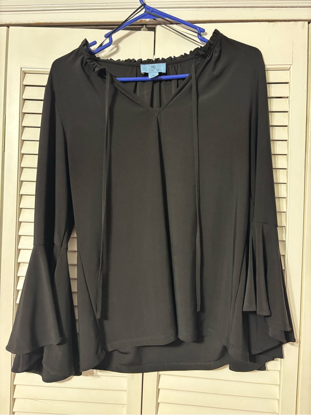CeCe Black V-Neck Tie Blouse with Layered Bell Sleeves